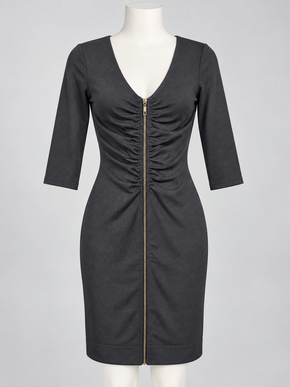 Lapis Black Ruched Zip-Front Midi Dress